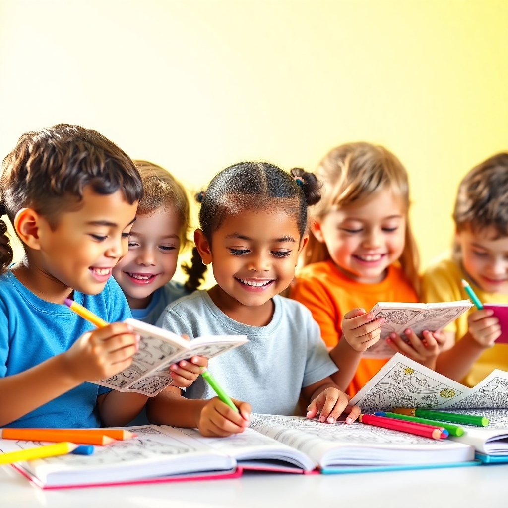 Create a photorealistic image of a group of children happily coloring in coloring books. The children should be diverse and engaged in the activity. The background should be bright and cheerful. Technical specs: 4K resolution.