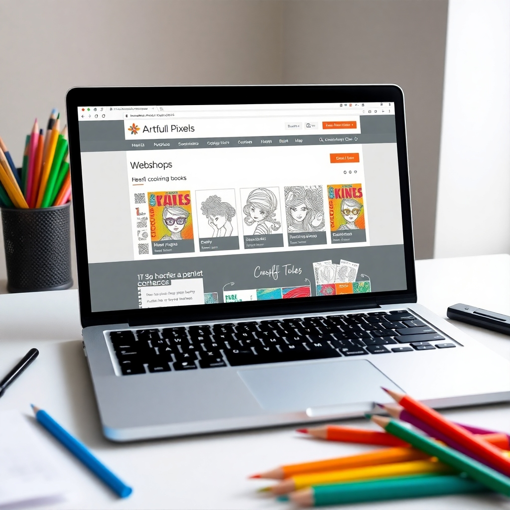 Create a stylized image of a laptop screen displaying the Artfull Pixels webshop, showcasing a selection of coloring books. The laptop is placed on a desk with other creative supplies, such as colored pencils and paintbrushes. The image should be clean, modern, and inviting. Technical specs: 4K resolution.