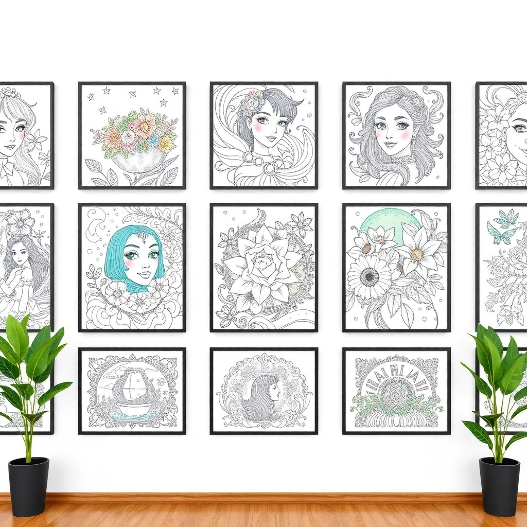 Create a stylized image showcasing several completed coloring book pages displayed gallery-style on a white wall. Each page should be colored differently, showcasing a wide range of styles and techniques. The overall effect should be visually appealing and inspiring, demonstrating the creative potential of the coloring books. Technical specs: 4K resolution.