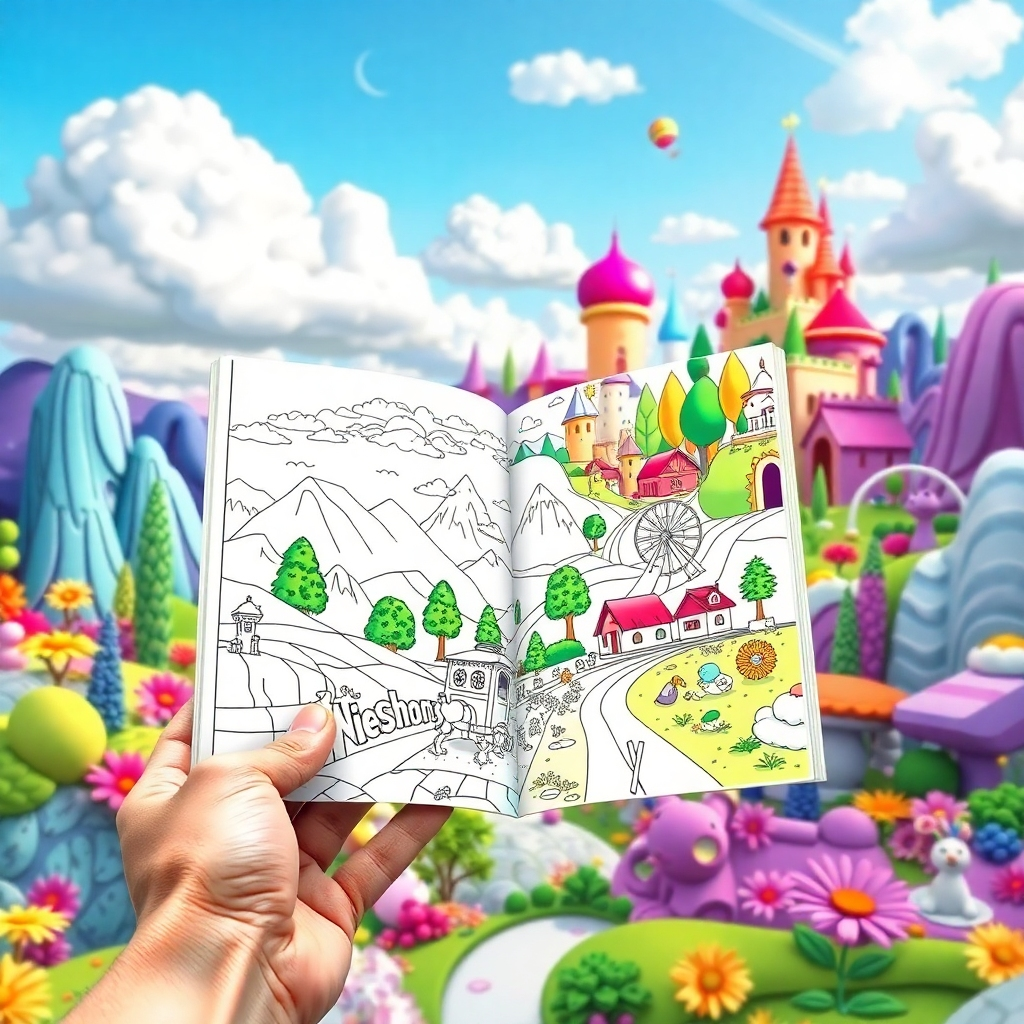 Create a stylized image that visually represents entering a coloring book world. The scene starts with a realistic looking adult hand holding a half colored-in coloring book, then the drawings slowly transition from 2D to a 3D photorealistic fantasy world overflowing with vibrant colors and whimsical landscapes. The style should convey a sense of wonder and adventure. Technical specs: 4K resolution.
