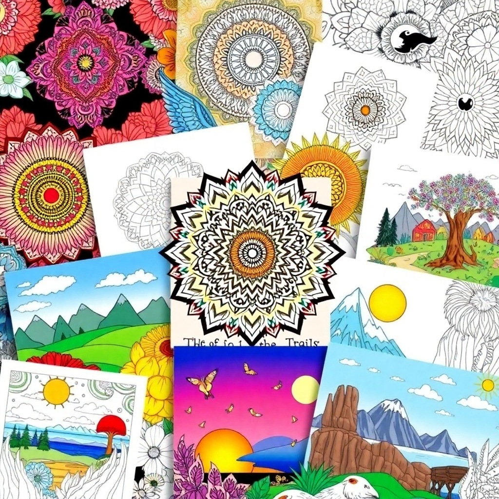 Create a visually diverse collage of different coloring book pages, showcasing a variety of themes and styles, including mandalas, animals, landscapes, and abstract designs. The collage should be arranged in an aesthetically pleasing way, demonstrating the wide range of options available. Technical specs: 4K resolution.