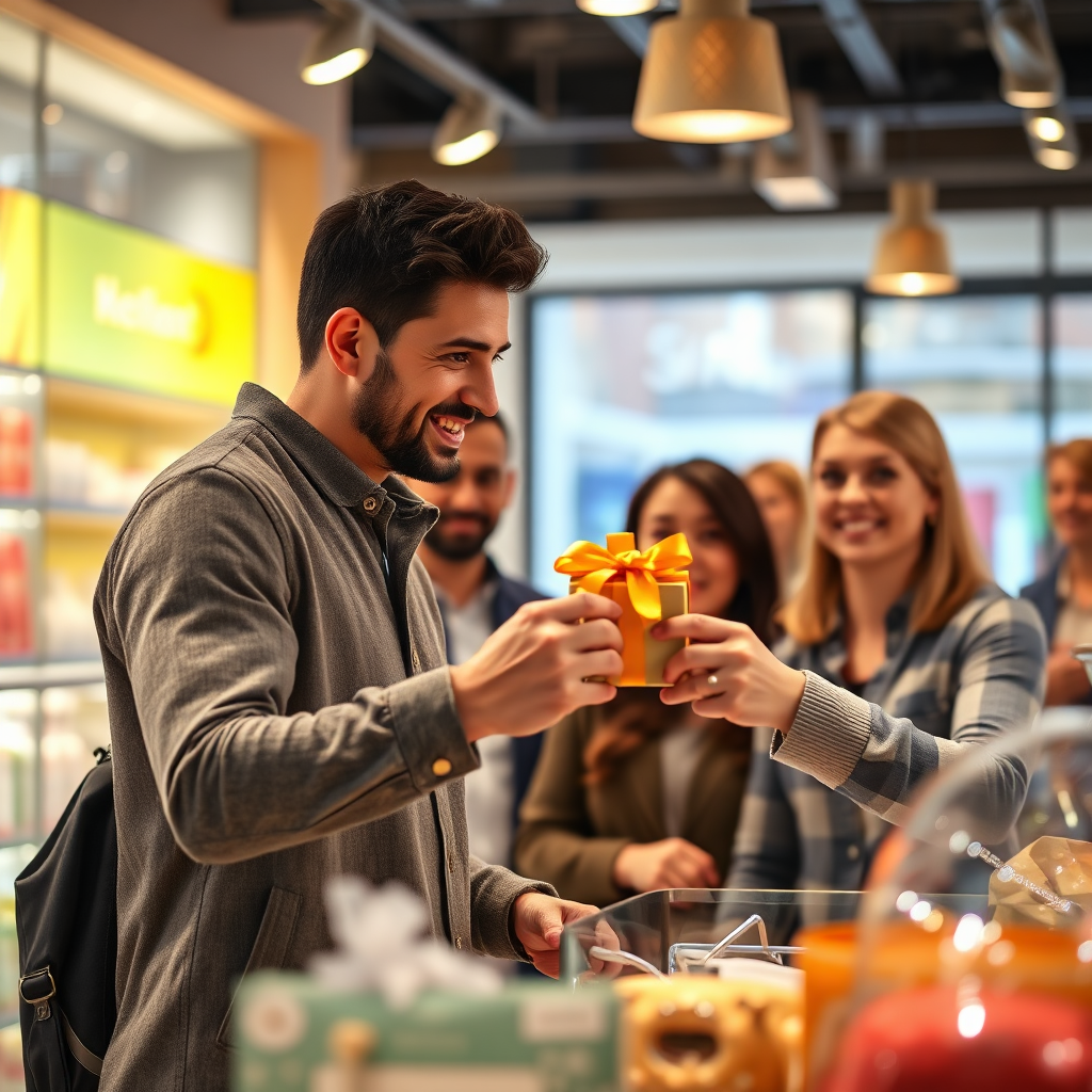  A photorealistic image of a customer receiving a prize during a contest. The scene should be a vibrant, modern retail environment, with the winning customer surrounded by smiling staff members. The lighting should be warm and celebratory. The color palette should be bright and inviting. Capture the moment of joy and surprise on the customer's face. The image should convey a sense of value and appreciation, highlighting the positive impact of the contest.