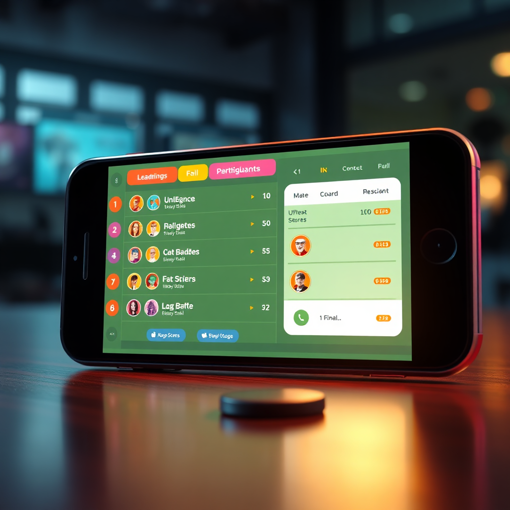 A photorealistic image of a gamified challenge interface. The screen should showcase a leaderboard with participants' scores, badges earned, and progress towards a final goal. The style should be modern and visually appealing, resembling a popular mobile game. The lighting should be dynamic and engaging, highlighting the interactive elements of the interface. The image should convey a sense of competition and achievement, highlighting the rewarding nature of the gamified challenge.