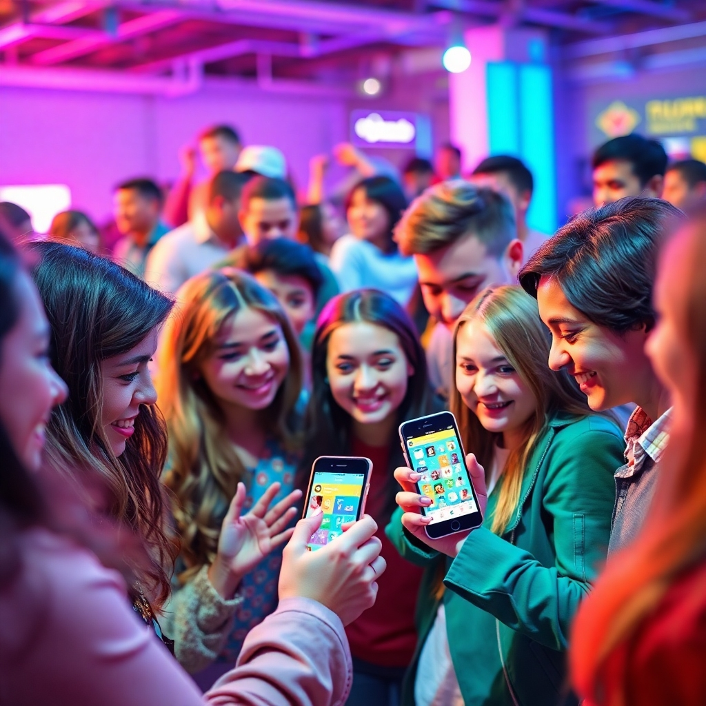 A vibrant image showcasing people actively participating in an interactive challenge. Consider a digital scavenger hunt displayed on phones, or a collaborative puzzle-solving activity. The scene should be energetic and filled with smiling faces. The lighting should be bright and playful. The color palette should be vibrant and diverse, reflecting the variety of activities. The image should convey a sense of fun and excitement, highlighting the engaging nature of the challenge.