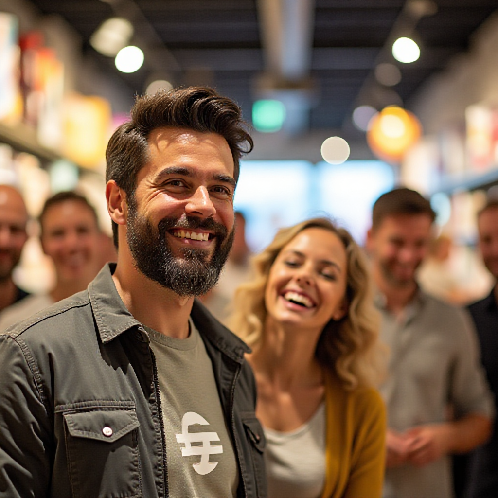  A photorealistic image of a customer receiving a prize during a contest. The scene should be a vibrant, modern retail environment, with the winning customer surrounded by smiling staff members. The lighting should be warm and celebratory. The color palette should be bright and inviting. Capture the moment of joy and surprise on the customer's face. The image should convey a sense of value and appreciation, highlighting the positive impact of the contest.
