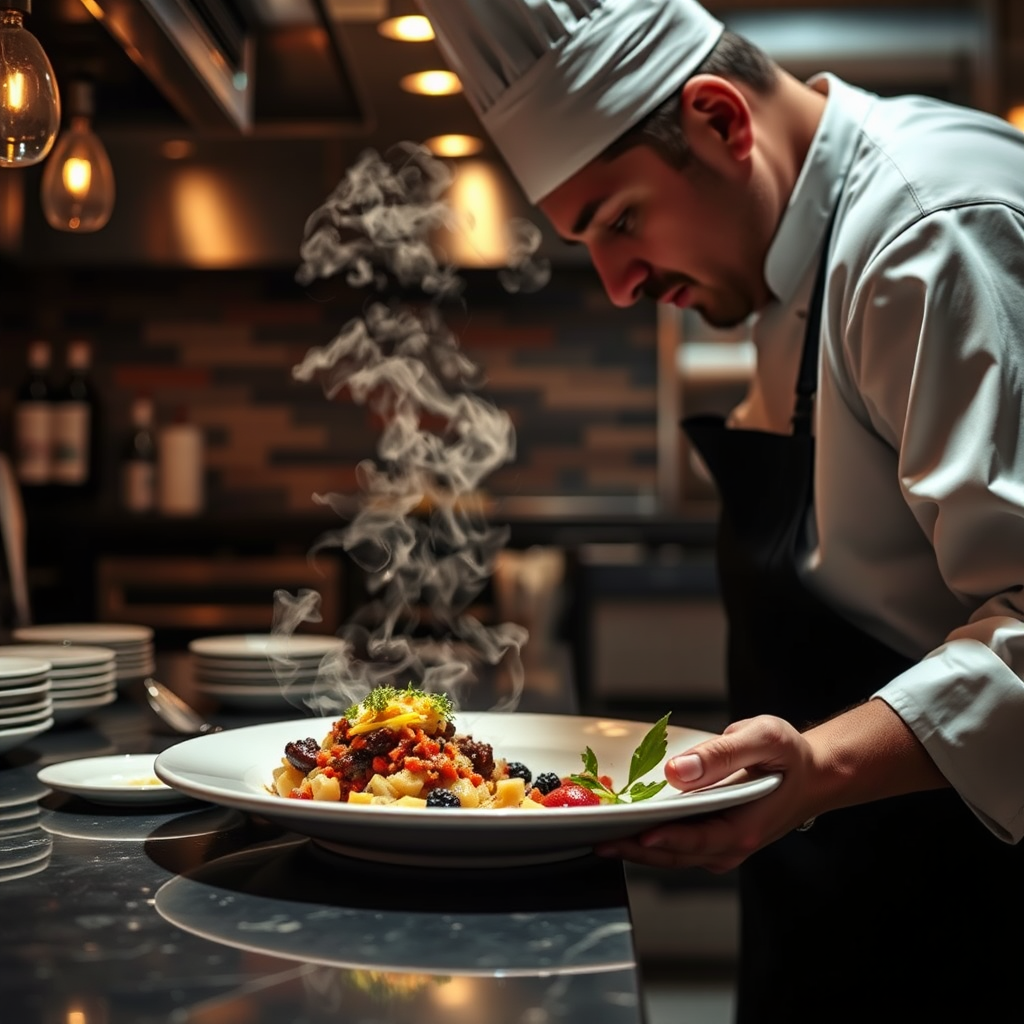 Restaurant chef plating food