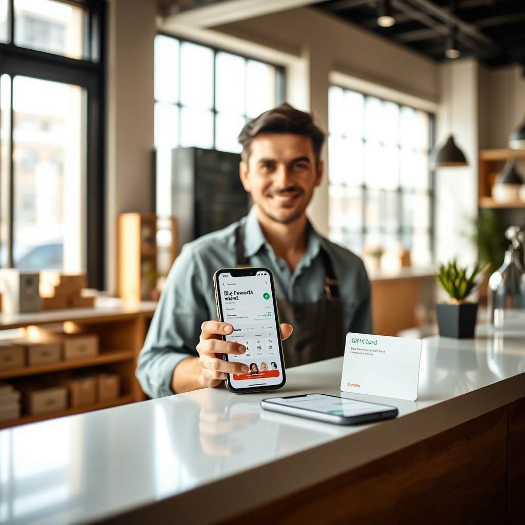 Business owner previewing rewards and digital gift card system