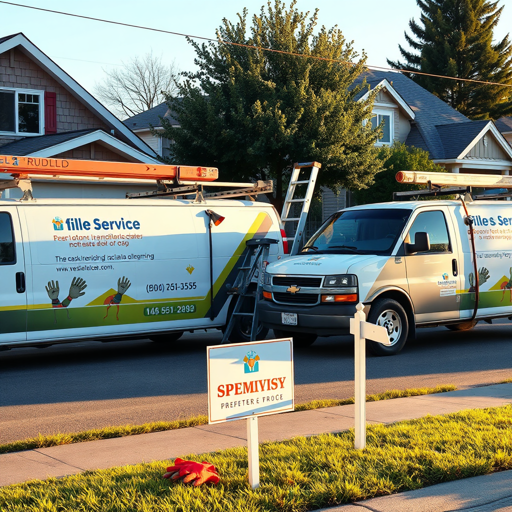 Service trucks and tools at a neighborhood jobsite