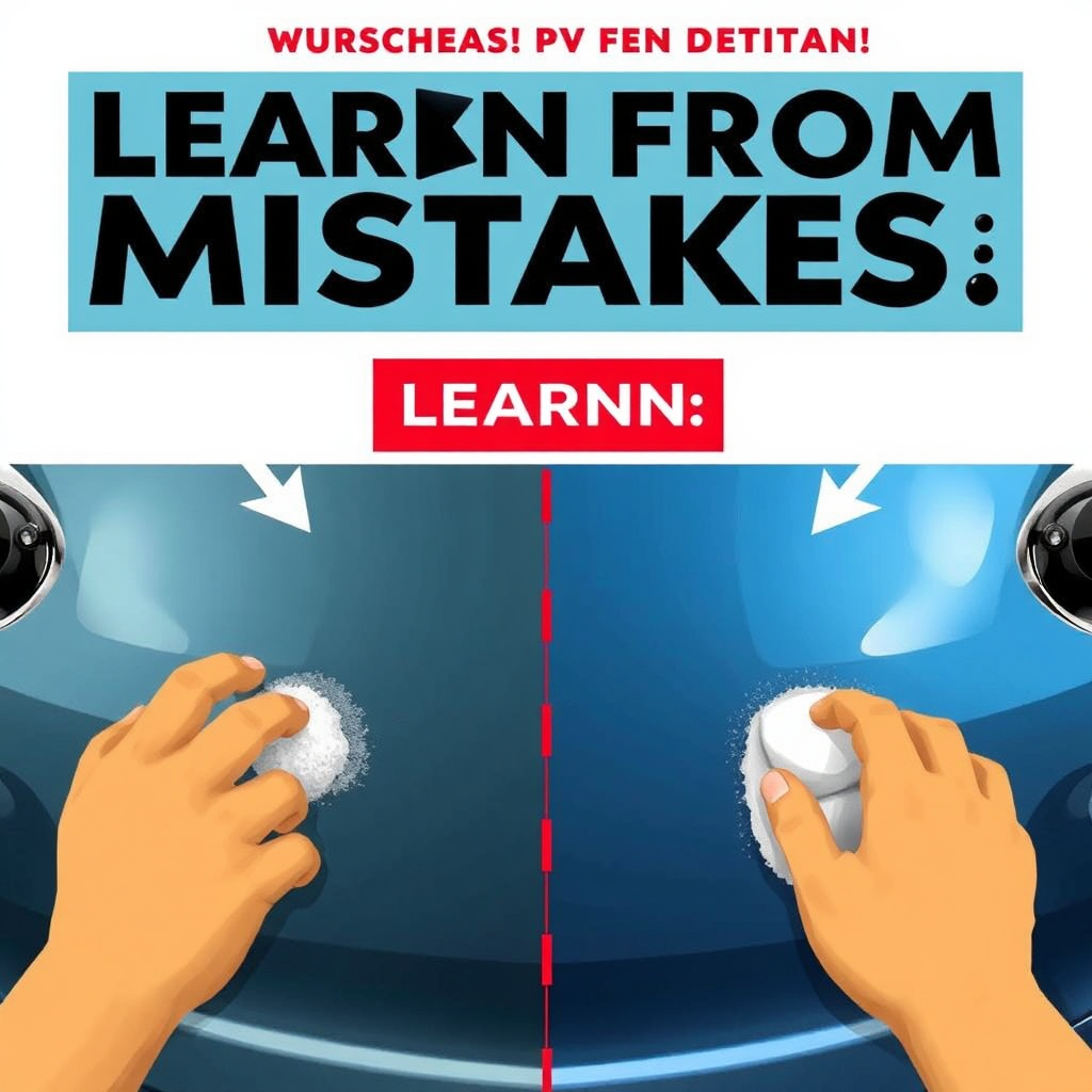 Craft an informative image illustrating the common mistakes in auto detailing, such as using wrong products or improper techniques. The image could feature side-by-side comparisons of a correctly detailed vs. a poorly done detail job. Use contrasting colors to highlight the differences, ensuring the viewer understands the message clearly. Capture the essence of learning from mistakes, in an engaging and relatable manner, maintaining high quality throughout.