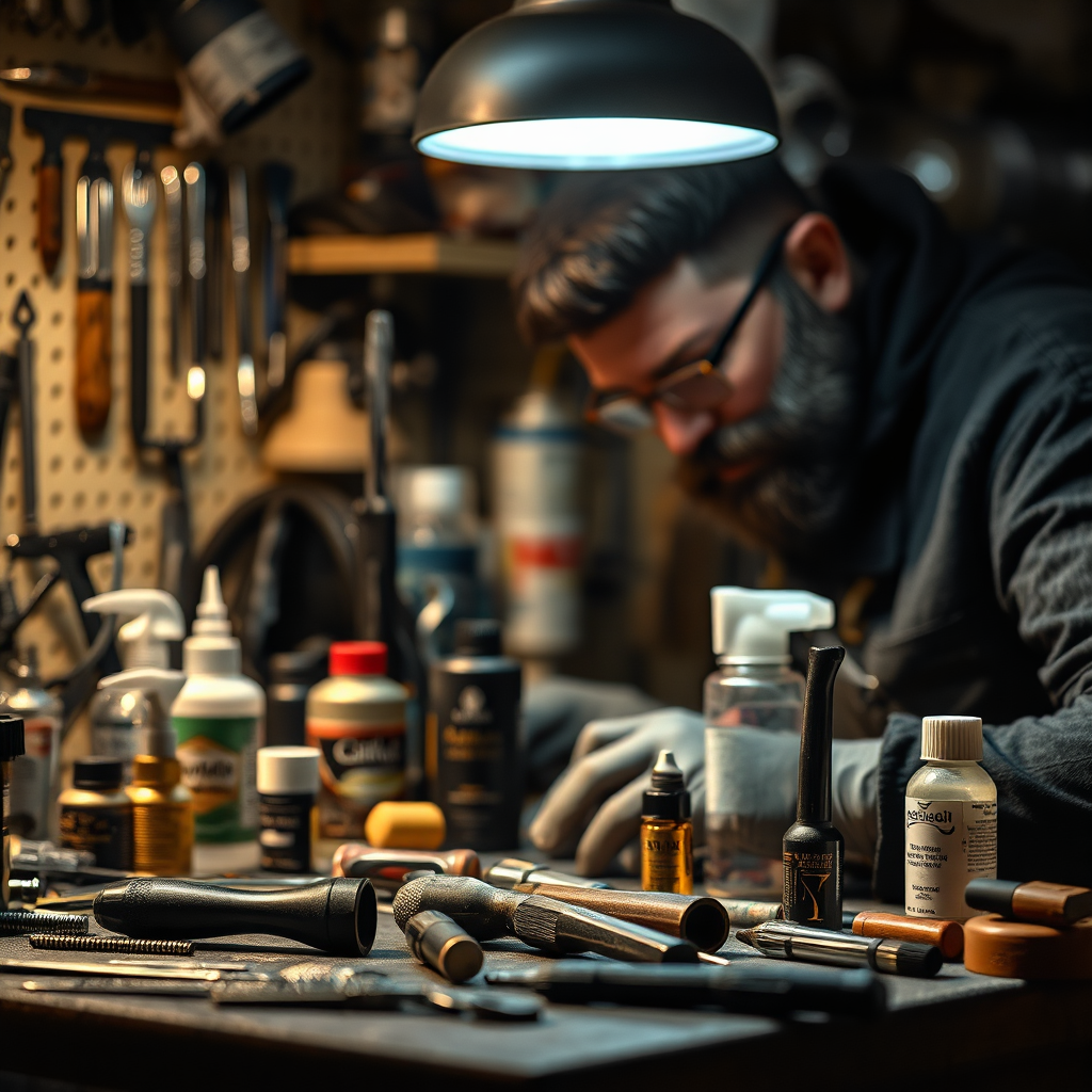 Create a dramatic image capturing a professional detailer's workspace filled with various secret tools and products used in the industry. Emphasize the tools’ details and textures, under soft, focused lighting that highlights their quality. The scene should convey a sense of mystery and professionalism, drawing in viewers to learn more about the craft, in a high-quality setting.