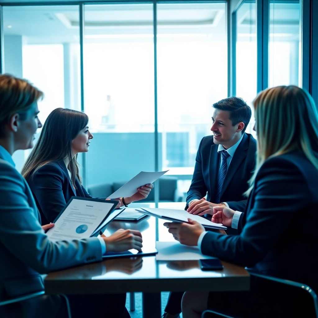 Create a photorealistic image of professionals engaged in a business funding discussion in a modern, stylish office. The lighting should be bright and optimistic, enhancing the professionalism of the moment. Include visuals of contracts, financial presentations, and engaged expressions to depict the importance of selecting the right funding options. The color palette should primarily consist of economically inspired blues and greens.