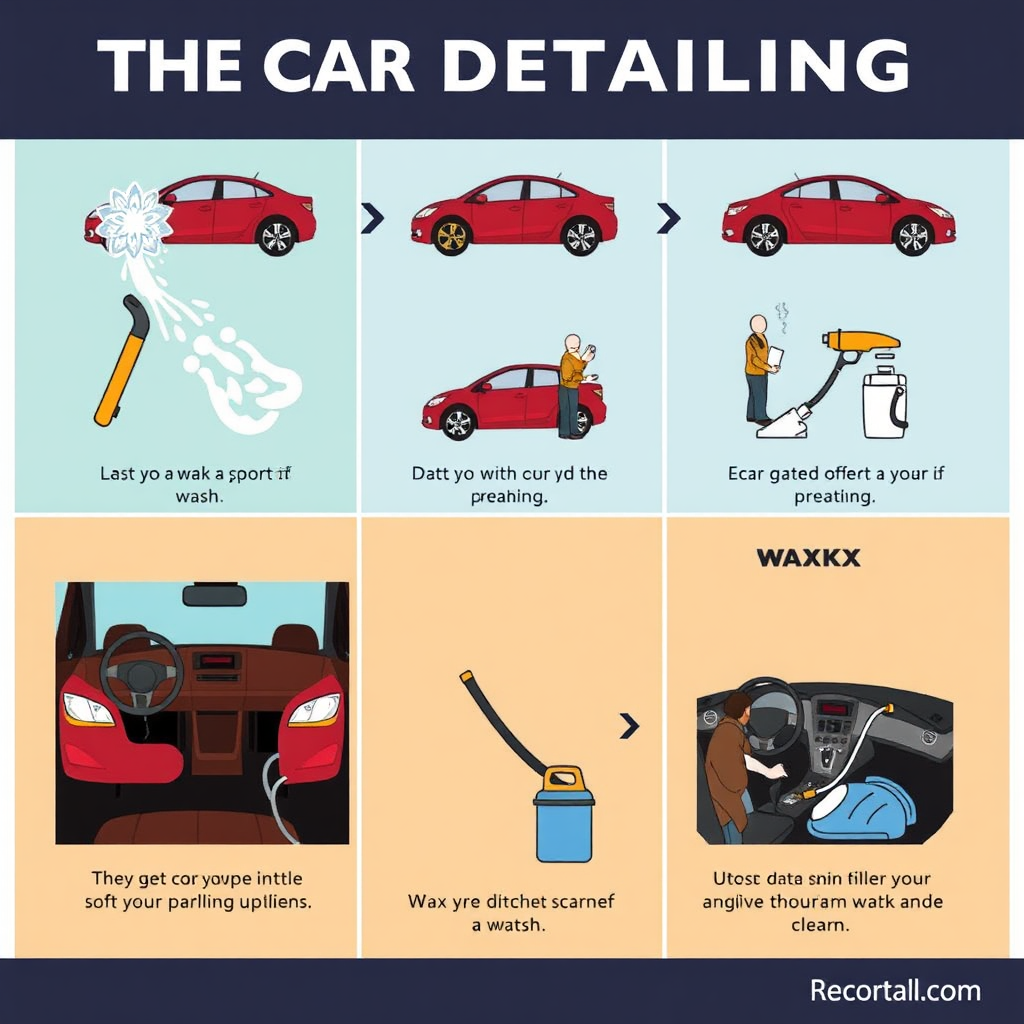 Create a sequential visual depicting the car detailing process, divided into clear steps such as washing, drying, waxing, and interior vacuuming. Each step should be illustrated with a relatable vehicle situation, ensuring the audience can easily follow along. The colors should be dynamic, and the overall presentation should be clean and organized, maintaining a high-quality appearance.