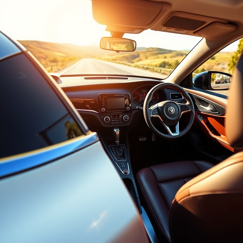 Create a vibrant image of a well-detailed car parked on a scenic road, showcasing its shiny exterior and immaculate interior. The lighting should reflect a bright, sunny day, enhancing the car's colors. Use a camera angle that captures both the car and the surroundings, with rolling hills or trees in the background. Aim for a high-quality visual to encapsulate the essence of comprehensive auto detailing.