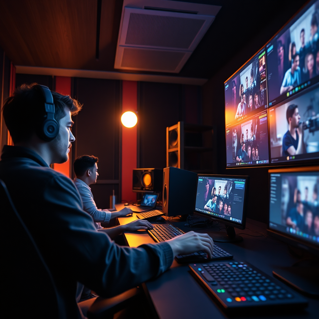 Create a visually stunning image of an editing suite where skilled editors are working on video projects. The lighting should be soft, creating a cozy yet professional environment. The color palette will consist of rich, dark tones with vibrant digital screens illuminating the space. The camera angle should aim to capture the details of the editing process, showcasing both screens and editors in action. This visual will embody the meticulousness and artistry of video editing and post-production services.