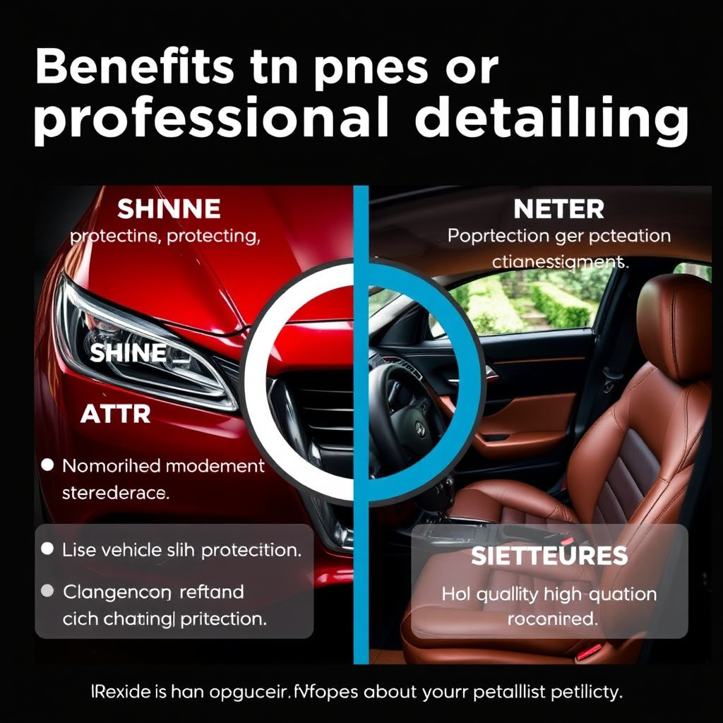 Create an engaging visual summarizing the benefits of professional detailing, featuring a split image of a well-maintained vehicle versus a neglected one. Highlight elements like shine, protection, and interior cleanliness. Use contrasting colors to drive the message home, while ensuring the details are high quality to evoke emotion about the vehicle's potential.