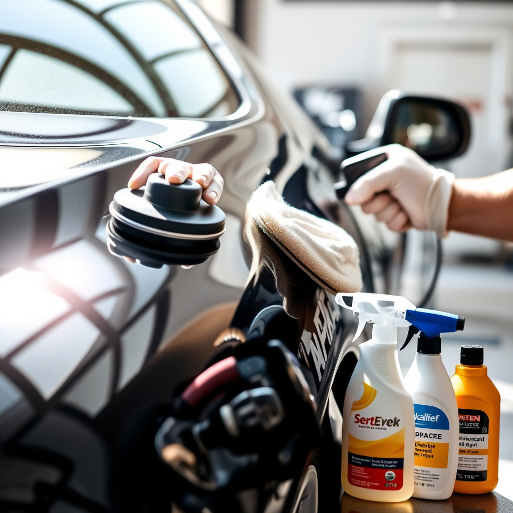 Create an image highlighting the exterior detailing process, showcasing the detailers polishing a car under natural sunlight. Capture the reflections and finish of the paint, emphasizing the tools used like polishers and wax products. Surround the scene with clean and inviting tools, giving a polished, professional atmosphere that evokes trust and quality, in high resolution.