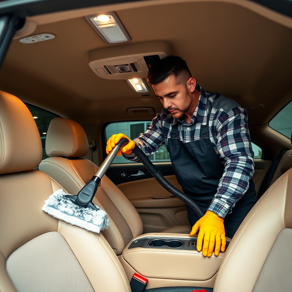 Create an inviting image of a detailer vacuuming and shampooing an interior. Focus on the cleanliness of upholstery and dashboards, with vibrant colors reflecting the meticulous care. Soft overhead lighting should be used to create depth in textures. Aim for a visually appealing representation of interior detailing that resonates with audience care for their vehicles.