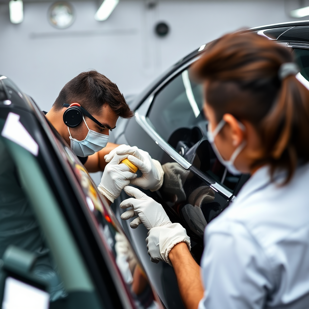 Depict an informative scene where professionals are detailing a car using advanced techniques. Include close-up shots capturing the intricate processes like clay bar treatment and polishing. The lighting should create dynamic reflections, showcasing the professionals' skills. Use a mixed color palette to illustrate the various products at play while maintaining a clean, high-quality finish.