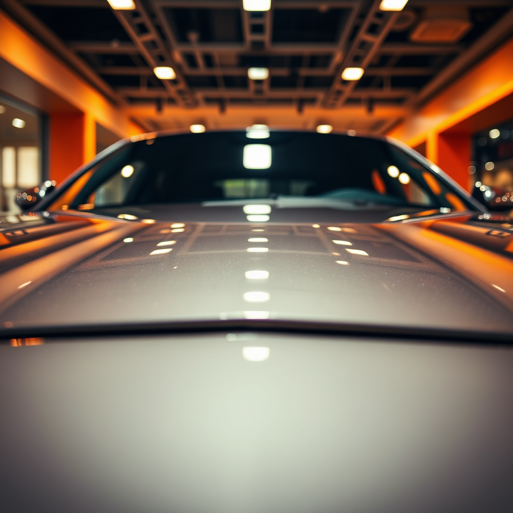 Design an engaging image that highlights a freshly detailed car with a sparkling finish under showroom lights. Focus on the reflections and glossy appearance of the paint, using a warm color palette that adds richness to the scene. Capture the grandeur from an eye-level angle, immersing viewers in the details of the vehicle's surface. Aim for photorealism to truly reflect the sheen of a showroom-worthy car.