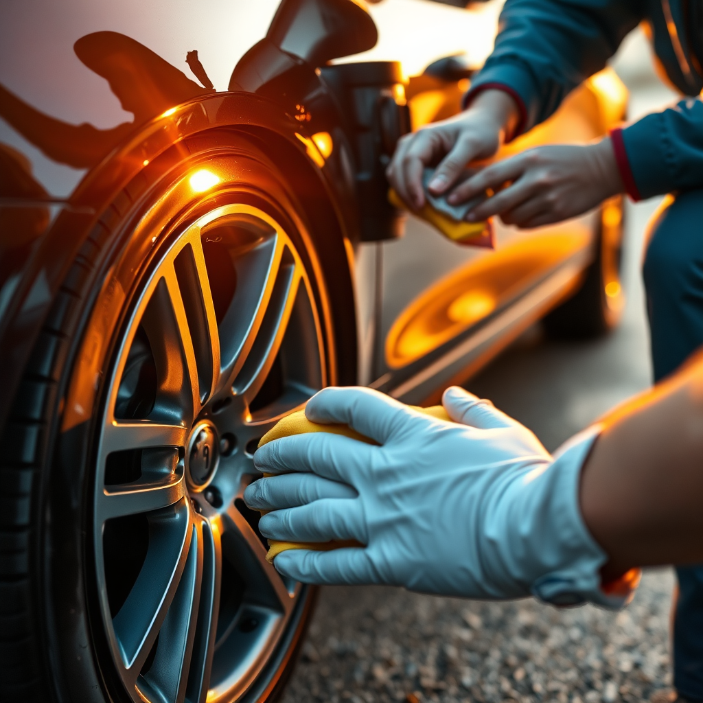 Design an image that captures a car undergoing exterior detailing, with a clear focus on shiny wheels and polished paint. Include a detailer in action, applying wax with a soft cloth. Use golden hour lighting for a warm glow, emphasizing reflections and natural textures. Aim for a rich, high-quality composition that conveys the essence of professional exterior work.