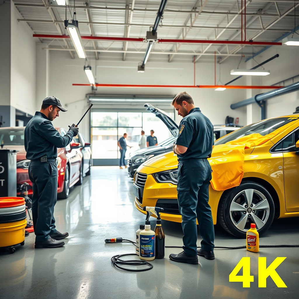 Develop a photorealistic image capturing the essence of 'All about Auto detailing'. The scene should display a team of professional detailers working on different cars under a bright, well-lit garage. Emphasize their dedication and expertise with tools in hand, surrounded by neatly arranged products, reflecting a clean and organized workspace. The colors should be bright and inviting, with attention to detail on the vehicles showing various detailing stages. The environment should feel energetic, showcasing the pride in their workmanship with a high-quality finish, in 4K resolution.
