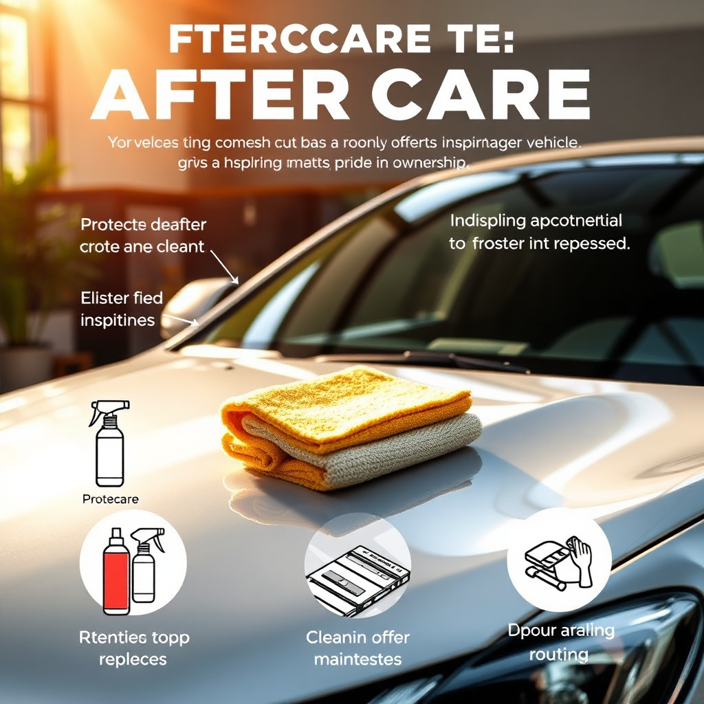 Develop an engaging image showing aftercare tips for freshly detailed vehicles. Include items like protective sprays, cleaning cloths, and suggested maintenance routines illustrated around a shining car. Use an inspiring environment that evokes a sense of pride in ownership. The composition should be warm and uplifting, employing natural light to enhance the visual appeal, in high quality.