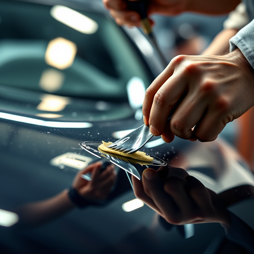 Illustrate a close-up of a detailer applying a wax finish to a car, with shimmering reflections of the surroundings captured. Soft, ambient lighting should create a comforting, professional ambiance. Include textures of the car’s surface, tools in motion, and emphasize the detailer's focus on precision. The style should be hyperrealistic, showcasing high-quality techniques in an engaging way.