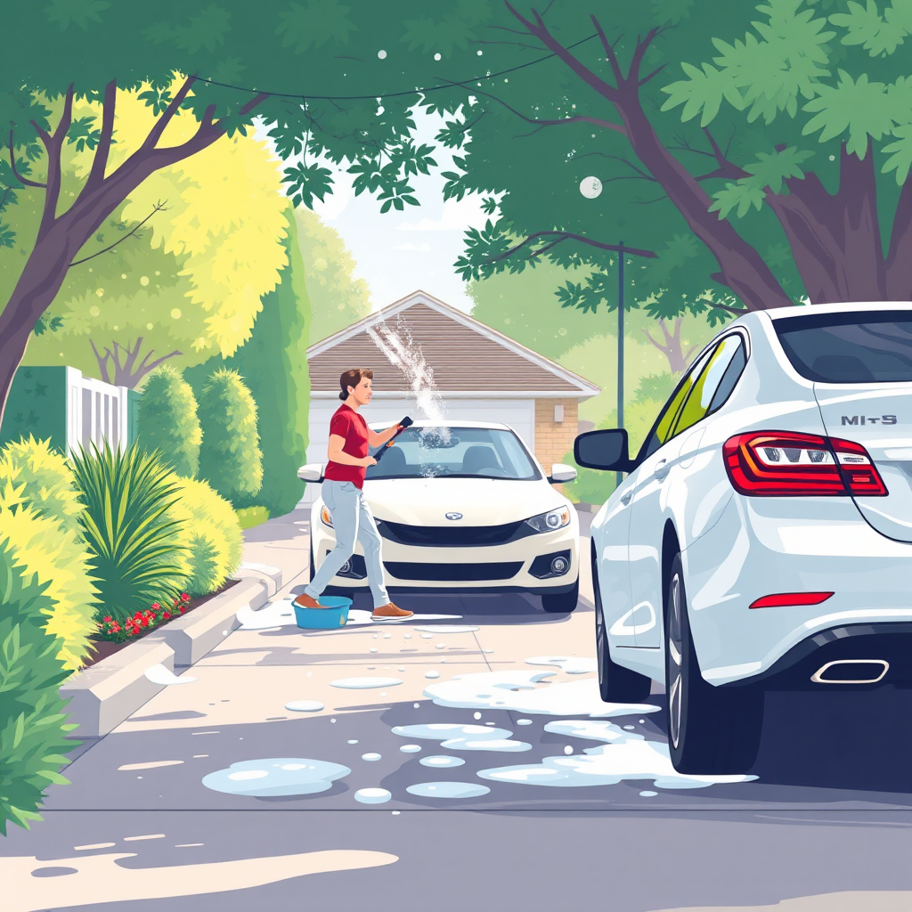 Illustrate a serene driveway scene where car owners are seen performing simple maintenance tasks like washing and waxing their cars. Use soft, natural lighting to create an inviting atmosphere. Focus on the textures of water and soap bubbles, as well as the refreshed look of the vehicles. The color palette should include pastels to denote cleanliness and care, achieving a high-quality finish in the image.