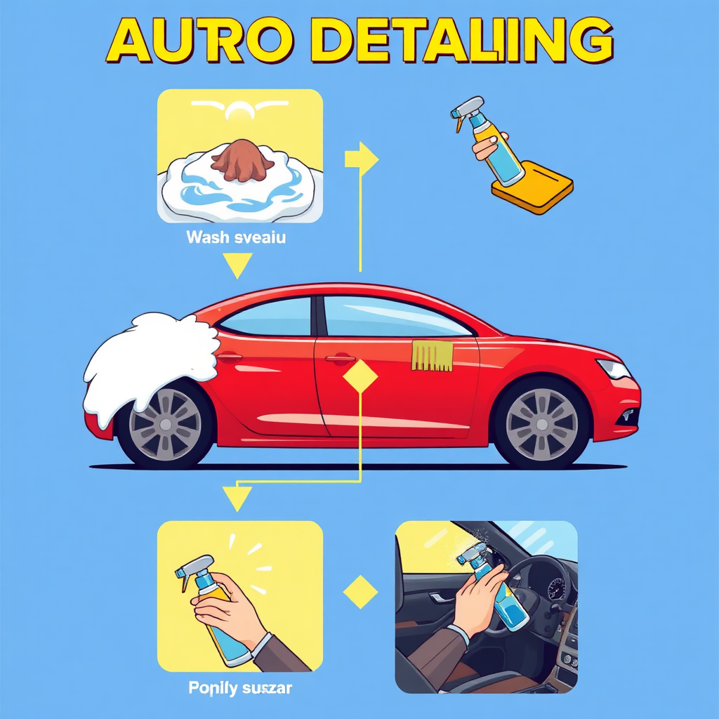 Illustrate a step-by-step visual process of auto detailing. Show a sequence of images, each one highlighting a specific stage like washing, waxing, and interior cleaning. Use bright, engaging colors to signify cleanliness and freshness, with clear textures that emphasize the effectiveness of detailing products. The style should be modern and clean, aiming for high-resolution detail.
