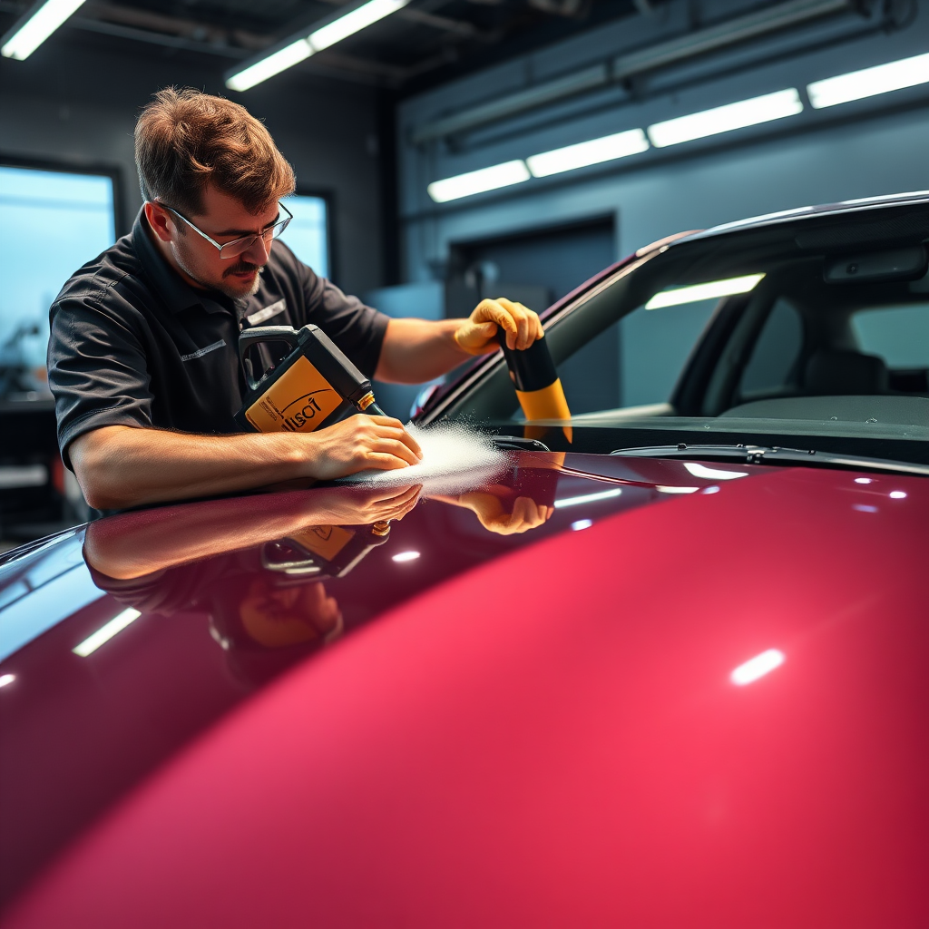Illustrate an experienced detailer applying a ceramic coating to a car's surface in a high-tech environment. Focus on the careful application and the glossy finish that follows. Soft, diffused lighting should enhance the sheen on the car, creating an inviting visual. The surrounding area should reflect professionalism, presenting a clean, modern detailing studio, in high resolution.
