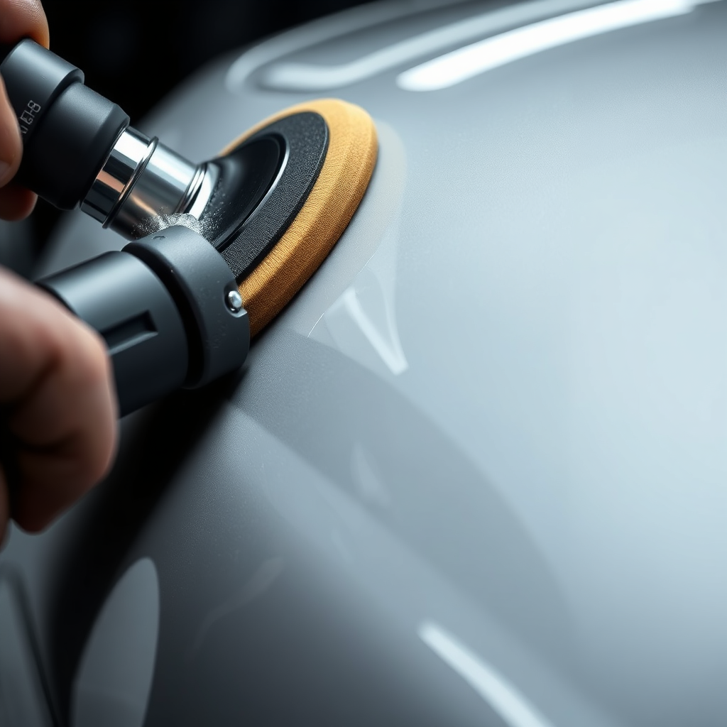 Illustrate the process of paint correction with a detailer's tool in action against a car's surface displaying visible scratches. The close-up should highlight the tool's effectiveness, showcasing a split view of before and after effects. Use dramatic lighting to emphasize reflections and texture details, achieving photorealism to emphasize the level of care in paint correction.