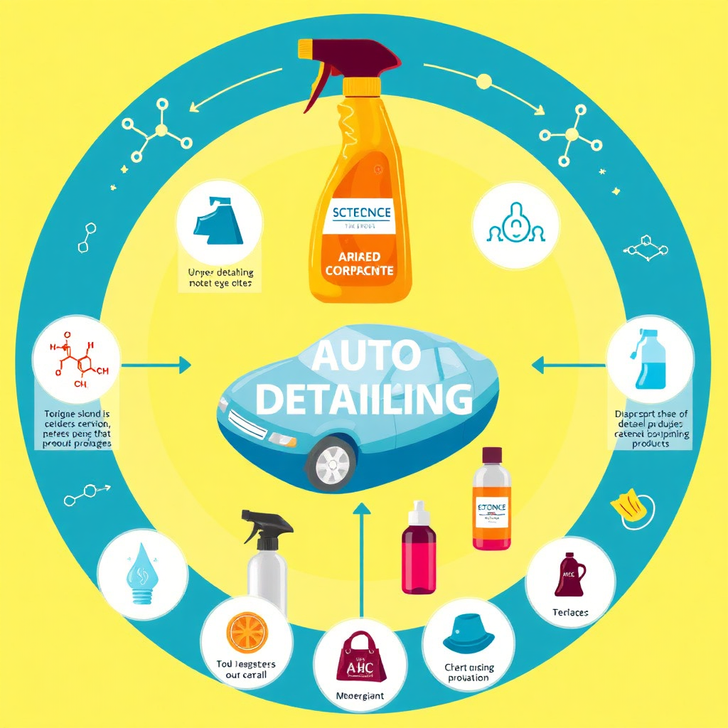 Illustrate the science behind auto detailing with an image that wraps around advanced detailing products and techniques. Incorporate visual elements like chemical compound structures alongside clear product visuals, engagingly exhibiting the connection. Use bright colors and infographics style to make complex information digestible, ensuring clarity and engagement, in a polished format.