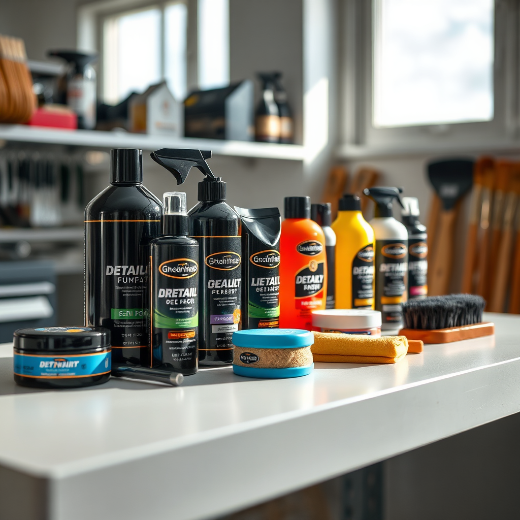 Showcase a curated selection of high-quality detailing products arranged artistically on a clean workbench, including waxes, polishes, and brushes. The environment should feel organized and professional, with natural lighting to highlight the shiny packaging. Textures of the products should be visible, portrayed in a crisp, clear fashion, emphasizing quality and effectiveness, in a vivid and polished style.