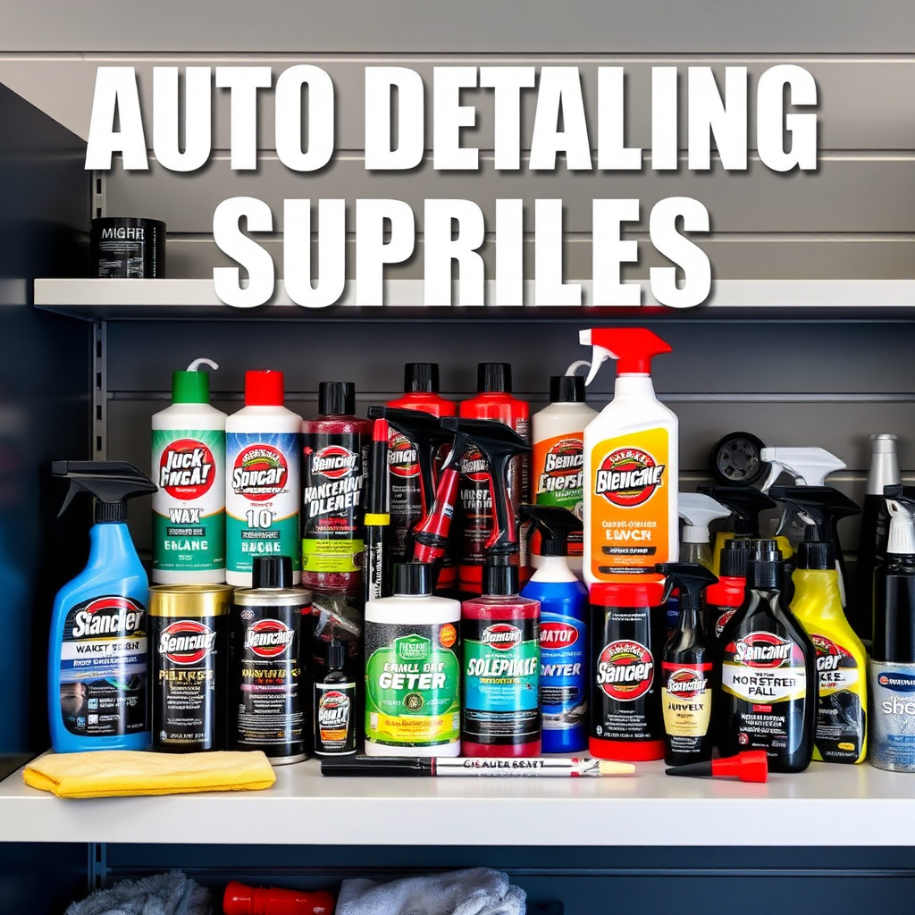 Showcase a product display featuring essential auto detailing supplies, neatly organized on a shelf. Include popular brands of waxes, cleaners, and tools. Use clean lines and bright lighting to attract the viewer’s attention, emphasizing the variety and quality of the products. The composition should feel professional and well-curated, aimed at a high-resolution, detailed appearance.