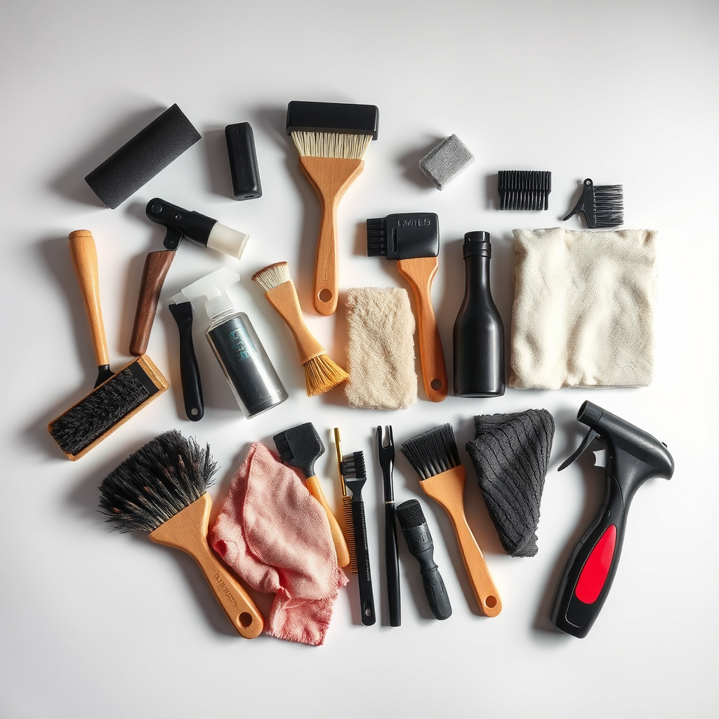 Showcase an array of professional detailing tools laid out on a clean surface. Include various brushes, cloths, waxes, and sprays arranged artistically. The lighting should be soft and inviting, creating depth and interest in textures. Use a neutral color palette to highlight the tools, aiming for a photorealistic quality that captures the attention of car detailing enthusiasts.