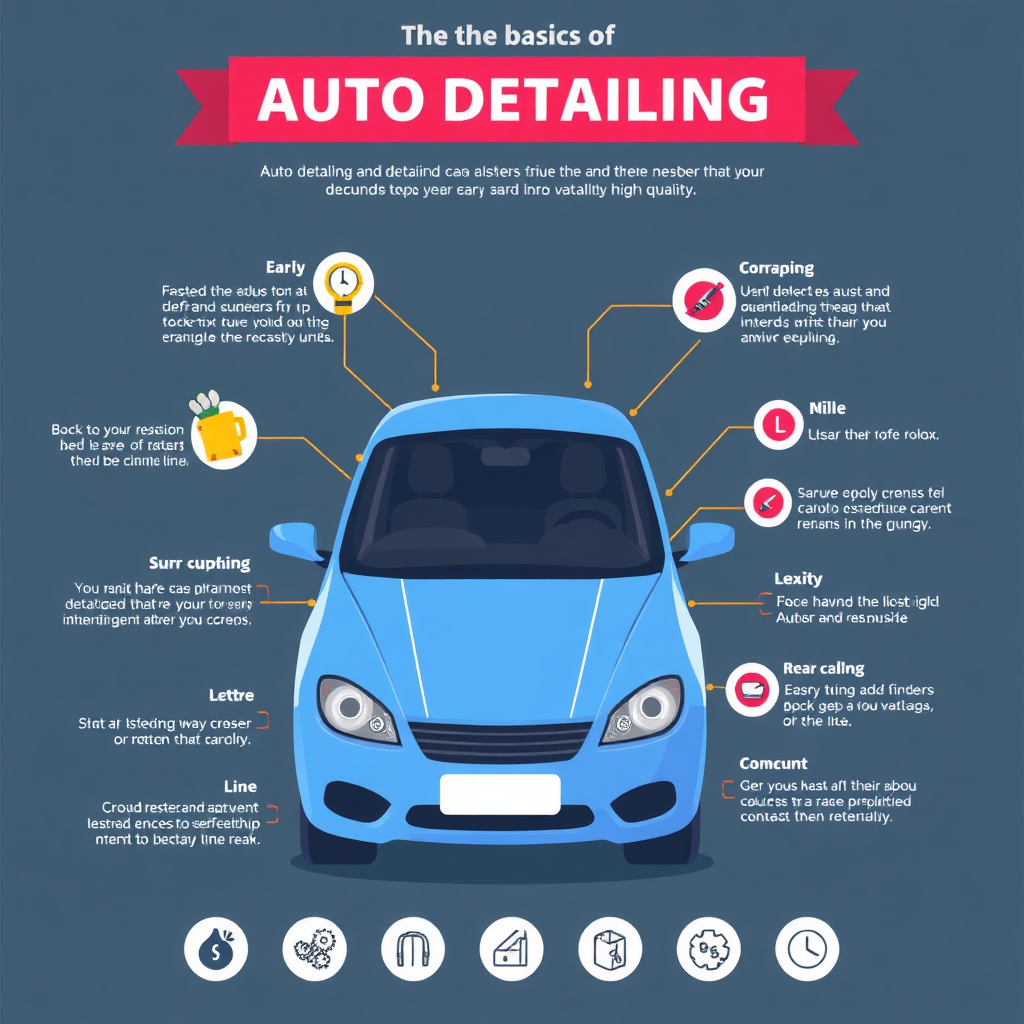 Visualize a clean and informative infographic-style image explaining the basics of auto detailing, including its importance and components. Use vibrant colors and engaging graphics to attract attention. Ensure the layout is user-friendly, with icons representing different detailing aspects. The design should feel fresh and inviting, guiding viewers through the information smoothly, in high quality.