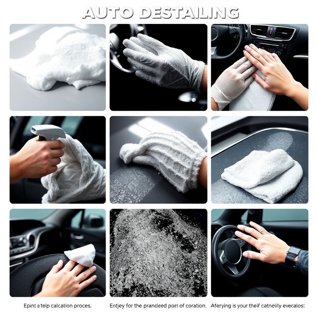 Visualize a detailed step-by-step process of auto detailing, with close-up shots showing various techniques like foam washing, waxing, and interior cleaning. Use a diverse range of vehicles to illustrate versatility. The lighting should be bright, with a focus on reflecting shiny surfaces and intricate textures. The final image should feel educational yet visually appealing, presented in a clear manner, in high-quality resolution.