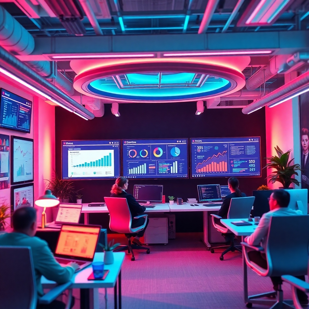 Visualize a futuristic workspace showcasing advanced marketing software on multiple screens. The atmosphere should be dynamic and innovative, featuring a mix of typical office props like charts, laptops, and collaborative spaces. Bright, inviting lighting with a vibrant color palette should energize the scene. The angle should allow an open perspective, illustrating teamwork and creativity at work.