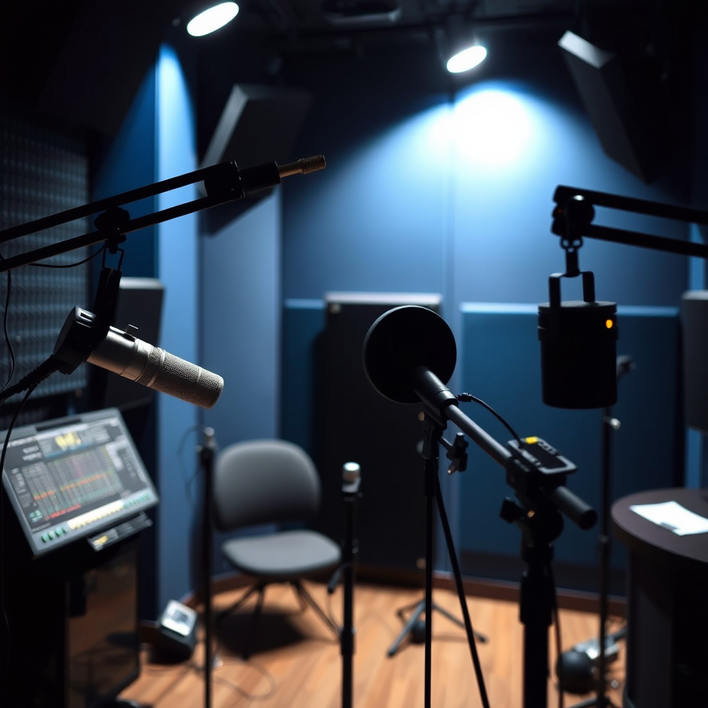 Visualize a professional voice artist recording in a sound studio, surrounded by high-fidelity microphones and soundproof panels. The lighting should emphasize a focused atmosphere, portraying the serious side of voice-over work. The color palette should be sophisticated with dark blues and grays. The camera angle should highlight the artist in action, possibly mid-sentence, perfectly capturing the essence of voice artistry. This image will convey the elusive yet essential service of voice over in impactful video production.