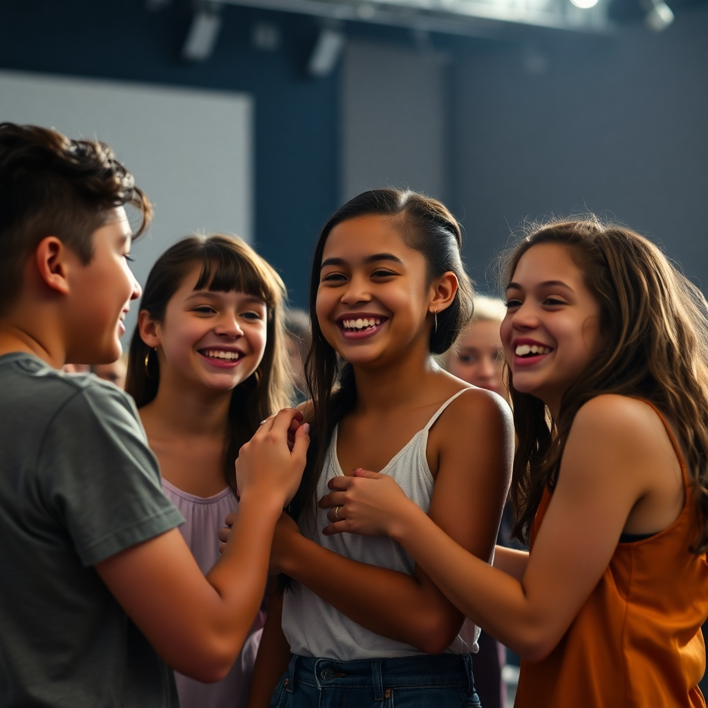 A photorealistic or slightly surreal image that uses symbolic representations for creativity and innovation, using bright lighting and color. The focus should be on the process of creation. A diverse group of children and young people should be present, working individually or collaboratively.