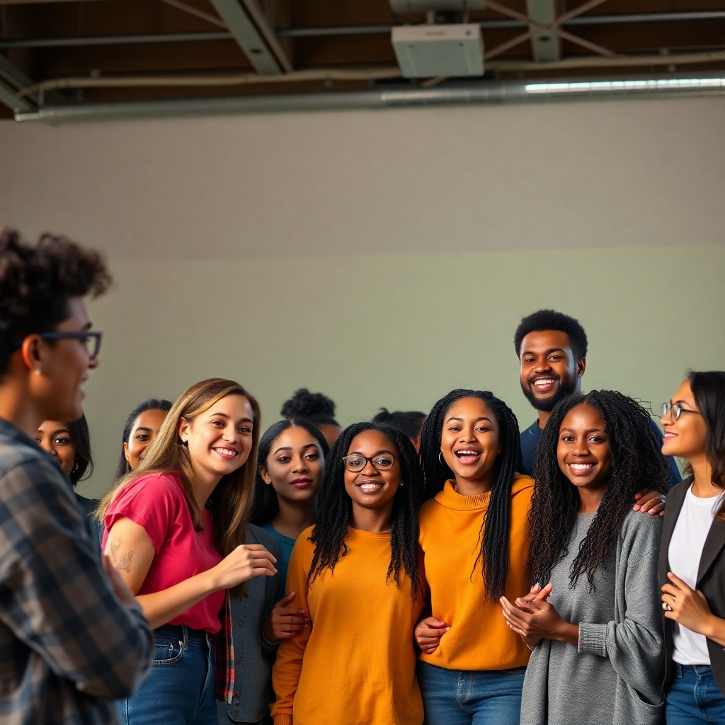 A photorealistic image showing a diverse range of talents: painting, playing musical instruments, performing spoken word, singing, dancing. Each section of the photograph should focus on one type of skill. Focus on the intensity and the joy of expression. The lighting conditions are different for each skill, so that the photograph will be visually engaging and diverse. This should be a horizontal photograph, with each section of about a quarter of the entire image.
