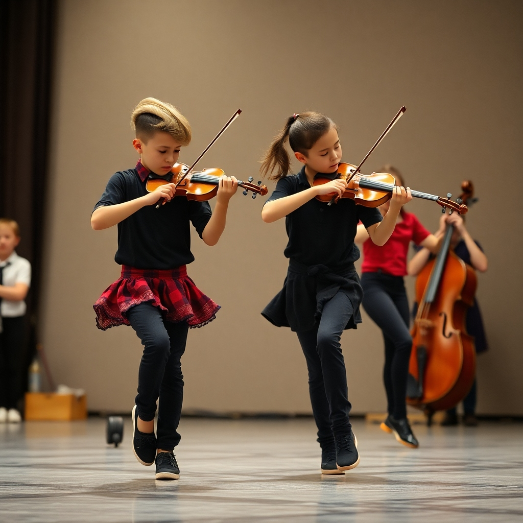 A photorealistic image that focuses on the precision and skill of older youth aged 12-16 showcasing their abilities.  The image should convey a sense of professionalism and dedication. The image can show older children performing difficult tasks, such as complex dance moves, intense instrumental performances or high-level athletic performances.