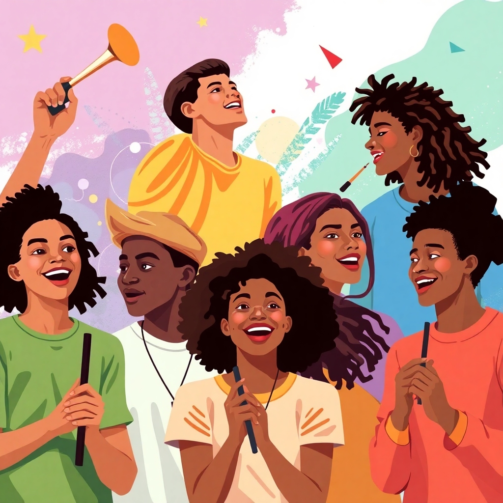 A stylized image representing the growth and development of youth talent, perhaps using a tree metaphor with branches representing different skills and the leaves symbolizing individual achievements. Use a vibrant, colorful palette to represent the energy and growth, and a warm light to create a positive atmosphere. The image should be mostly abstract, but with some representation of children and young adults.