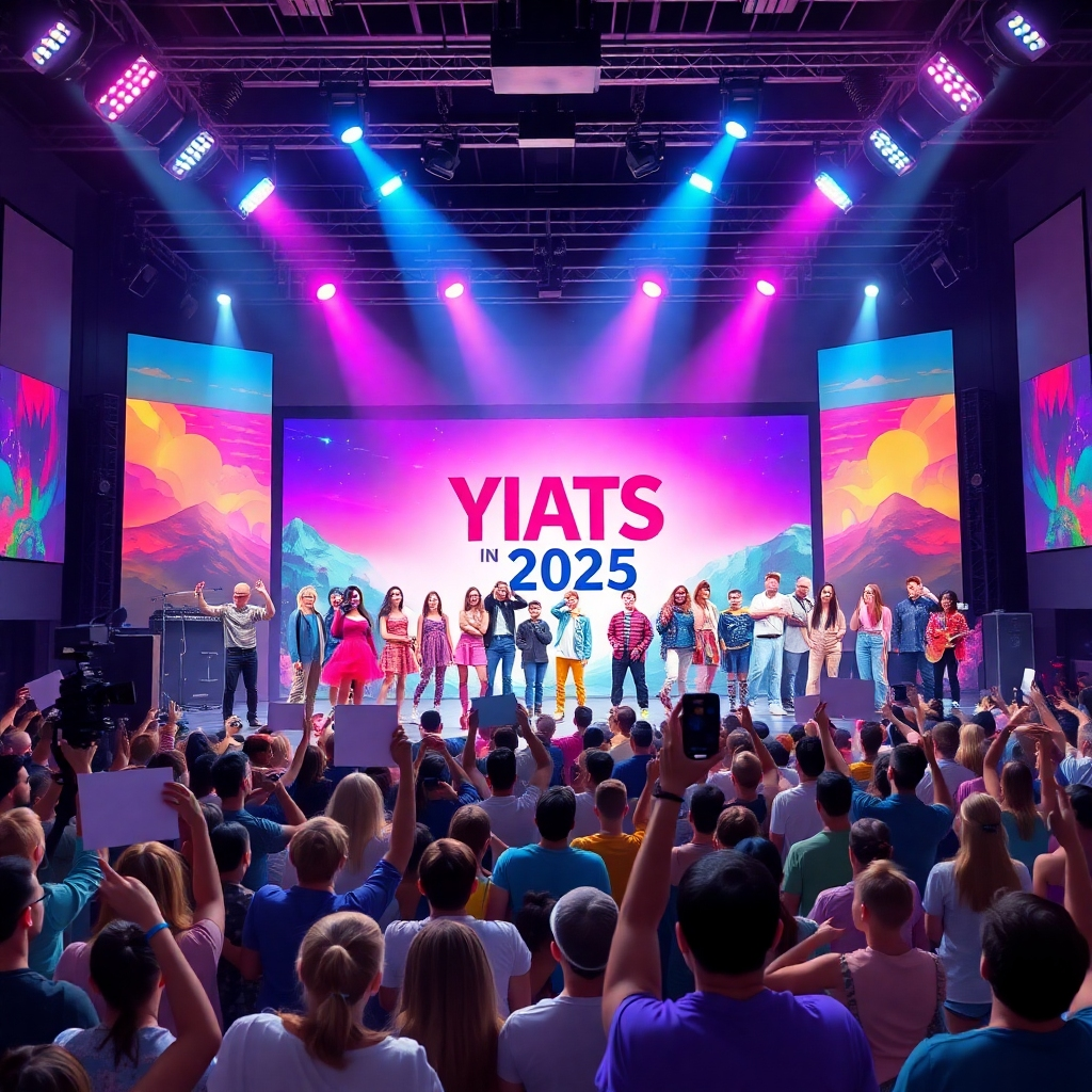 A photorealistic image capturing various moments from a vibrant youth talent show. Focus on joyful expressions, dynamic performances, and the supportive atmosphere. Use warm lighting and bright colors to emphasize the positive energy. The image should incorporate diverse young talents. The camera angle should be varied - some wide shots to capture the atmosphere, and some close-ups of individual performances. The image should have a celebratory feeling, with elements of confetti and excited audience members visible in some parts of the photograph.