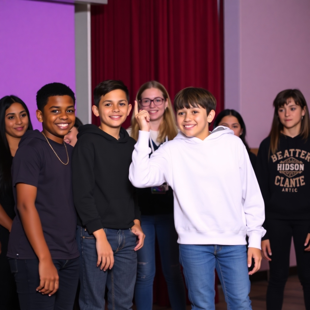 A photorealistic image of a past YIATS event, showing a vibrant atmosphere, happy children and young people performing, and a large audience enjoying the show.  Focus on showing the scale and excitement of the event, with the lighting and color palette being upbeat and engaging.
