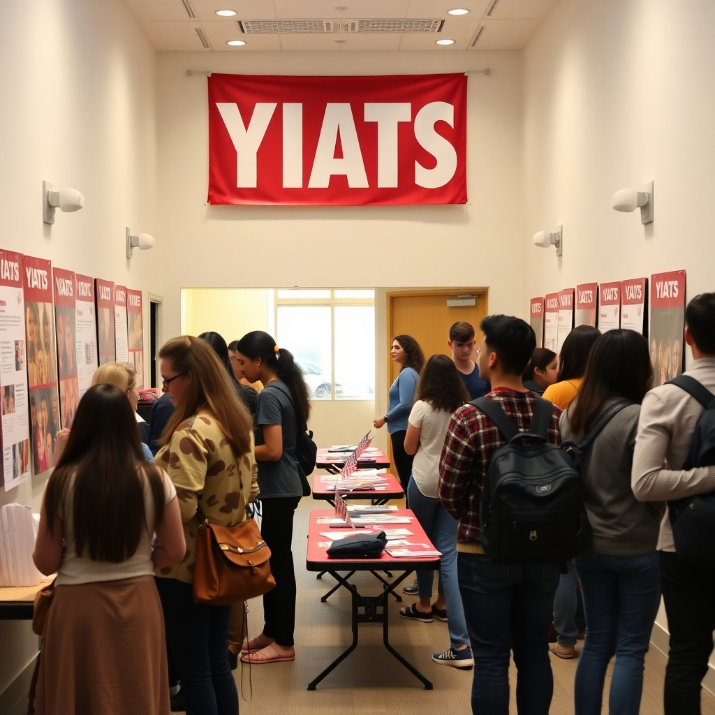 A photorealistic image showing local community members interacting with young people at a YIATS event. The image should create a feeling of community and collaboration, and include a business or organization logo to increase awareness of their support.  The lighting should be soft and inviting.