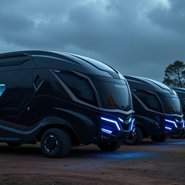Generate a 4K photorealistic image showcasing a diverse range of motorhome exteriors. The image should feature at least three different motorhomes with distinct styles, from classic A-Class to modern campervans. Each motorhome should have unique colors, graphics, and design features. The lighting should be consistent and well-balanced across all motorhomes. The setting could be a motorhome park or a scenic outdoor location, highlighting the variety and beauty of these vehicles.