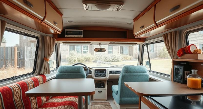 A 4K before-and-after image collage showing a complete motorhome transformation.  Highlight the change in both interior and exterior design elements.  The lighting should be even and consistent, showcasing the superior craftsmanship and design.