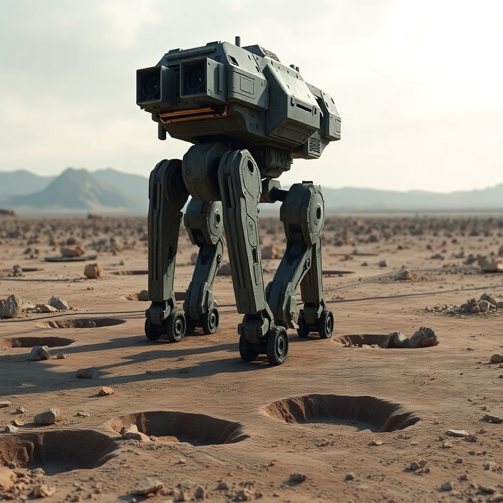 A photorealistic depiction of a mech walking through a desolate landscape, its steps leaving deep craters in the earth. Focus on the mech's size and weight.