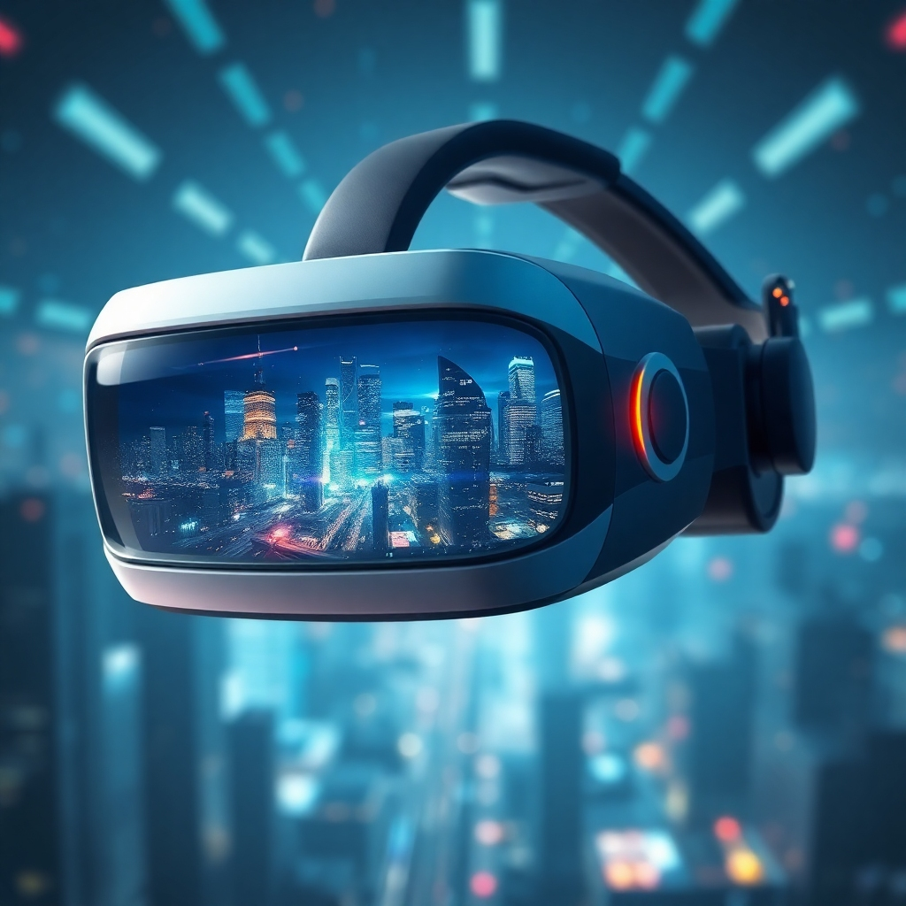 A photorealistic image of a virtual reality headset, with a futuristic cityscape inside the screen, and the virtual environment reflecting the music's energy.